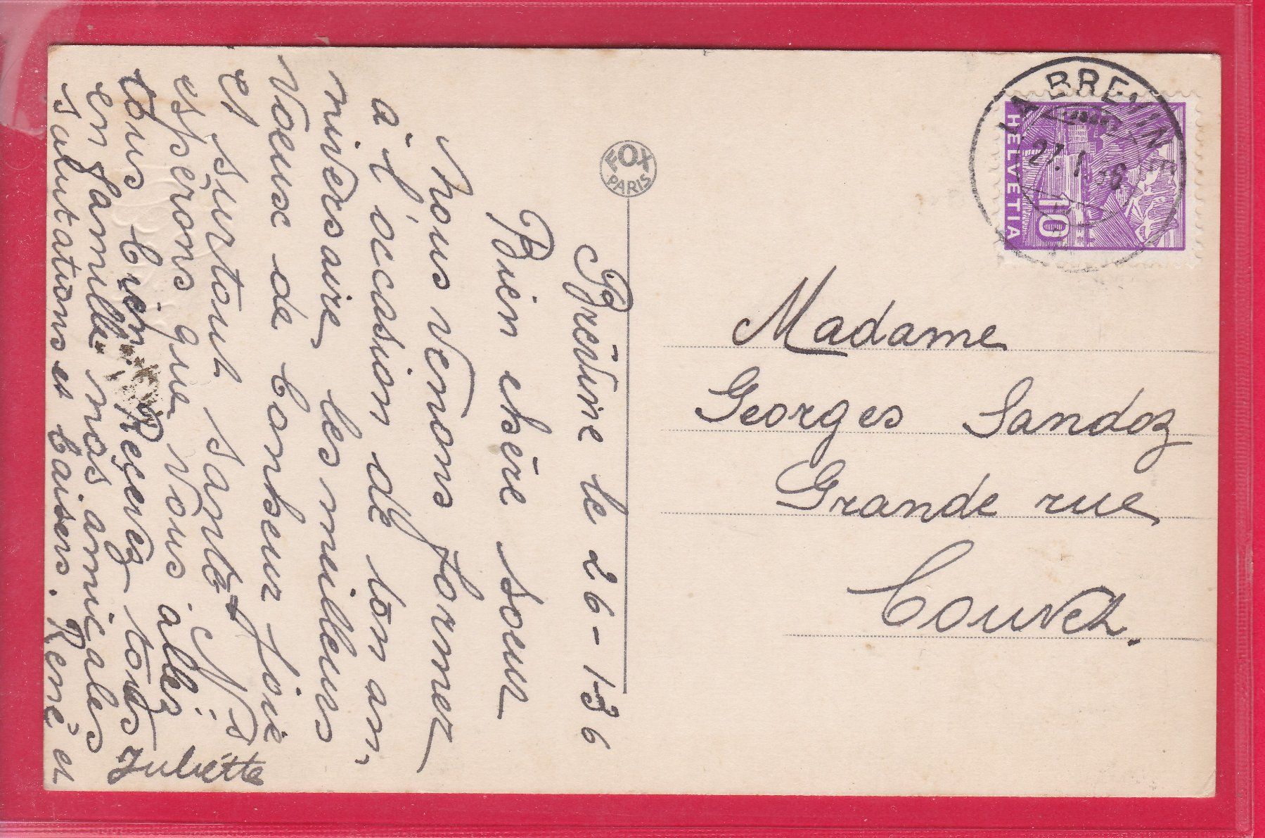 Cartoline postali: BONNE FETE, 27.1.1936 – Usato da Oberrieden venduto da Gebirgsstelze 1