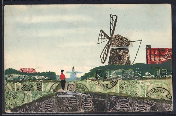 Ansichtskarten: Briefmarkencollage in Form einer Dorfsze – Gebraucht aus Berlin von bartko-reher