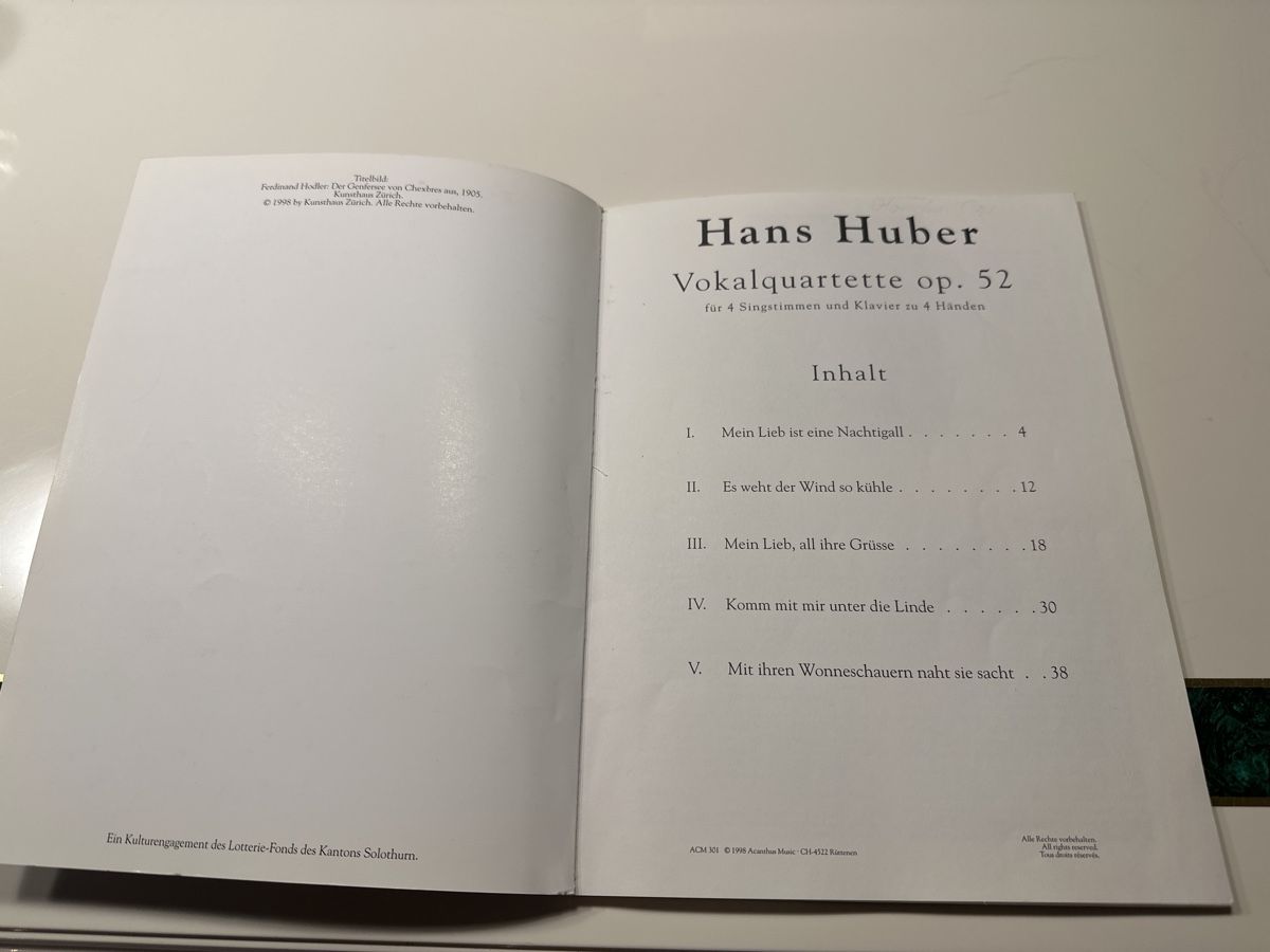 Bücher: Hans Huber Vokalquartett op. 52 Noten – Gebraucht aus Wald ZH von Martin79 1
