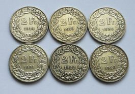 50g Feinsilber (6x alte Silber 2Fr. CH,1914/16/20/21/22/28)