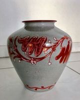 Vase Blumenvase  Keramik grau Decor rot handgemalt - Unikat