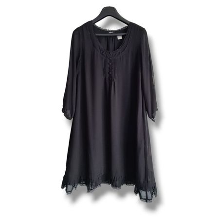 Robe noire voile transparent doublé, manches 3/4, taille 38
