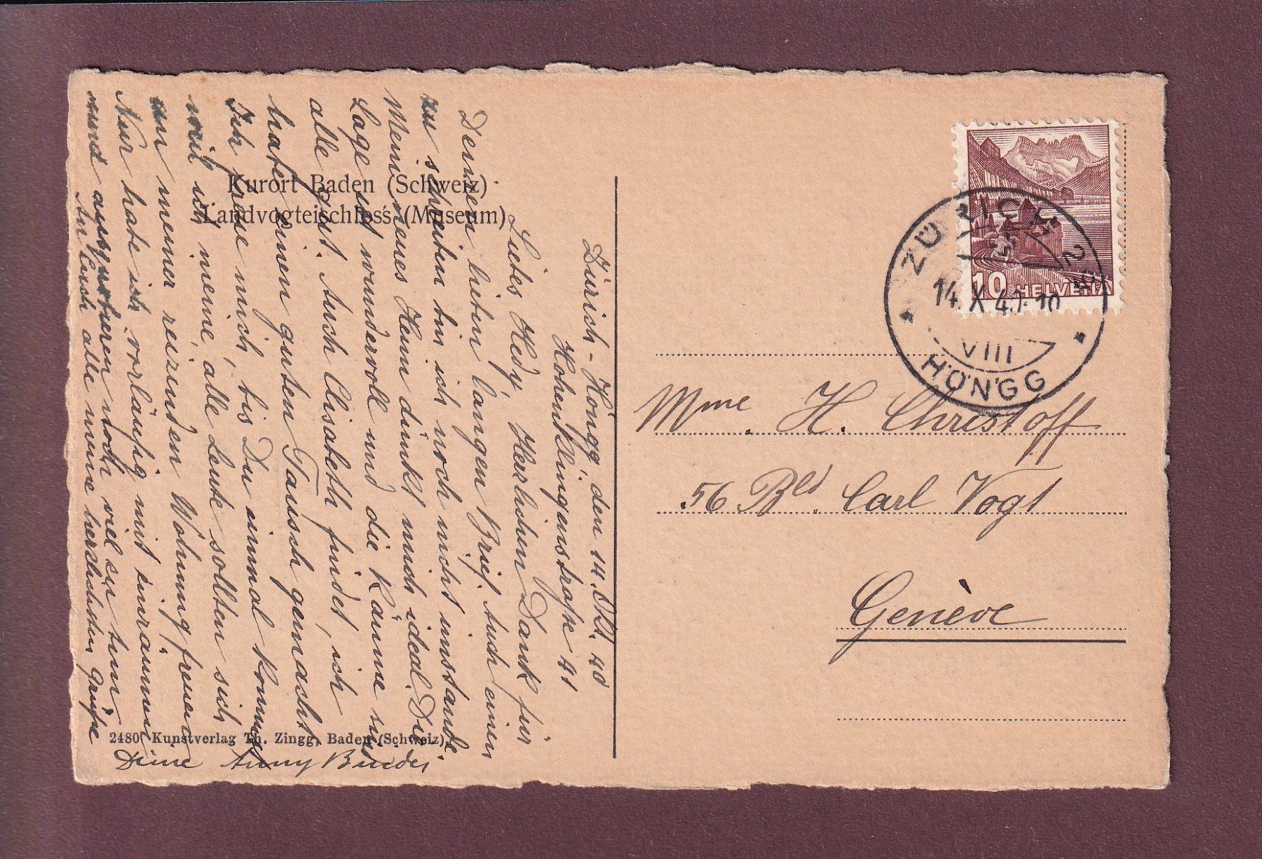 Cartoline postali: BADEN - Landvogteischloss - 1940 – Usato da Pully venduto da nicecards 1