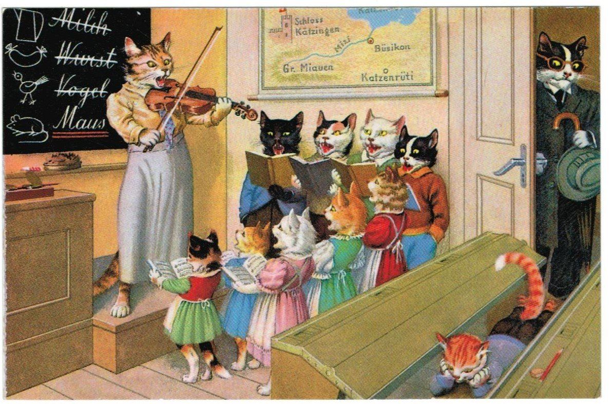 Cartes postales: AK Kitsch Katzenschule – D'occasion à Zürich par Tolima194