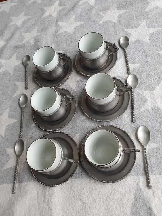 Service à Café En étain Et Porcelaine – Tasse Et Soucoupe – Marque Limoges – Occasion