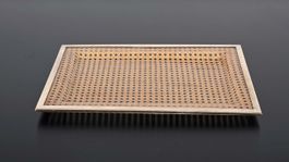 Plateau de service vintage laiton, lucite, paille de Vienne