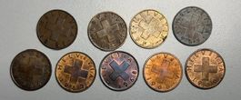 9 Schweizer 2-Rappen-Münzen 1951, 1953, 1957, 1963, 1966...