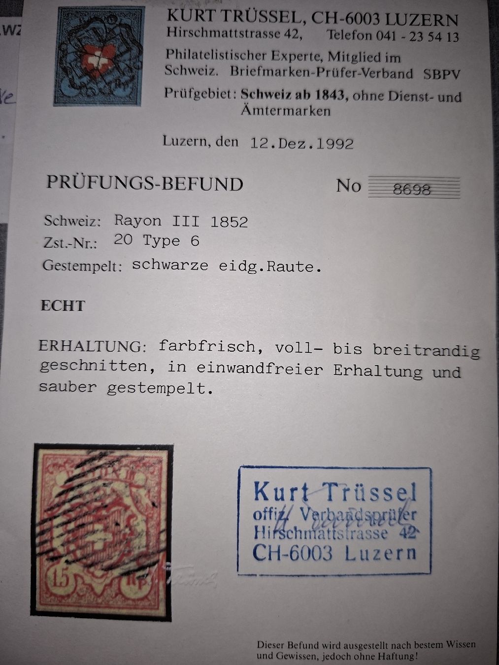 Tutti i francobolli: Rayon Nr. 20 Typ 6 MM - II ? mit Attest – Usato da Balgach venduto da SIMEON27 2
