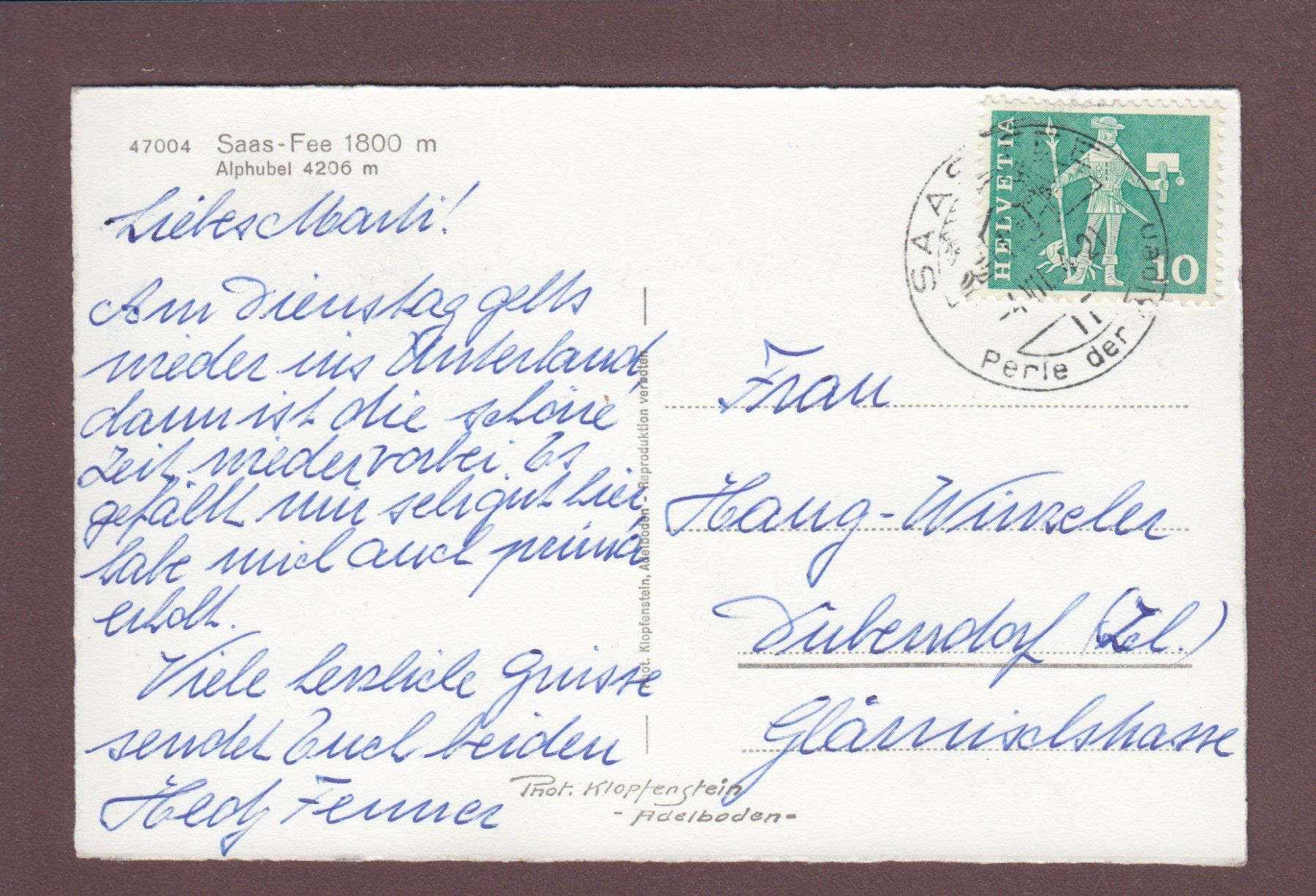 Cartoline postali: SAAS-FEE - Alphubel - 1964 – Usato da Pully venduto da nicecards 1