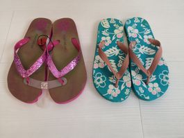 🤩2 STK: OVS FLIP-FLOPS-SCHUHE GLITZER-PINK & BLUMEN-BLAU