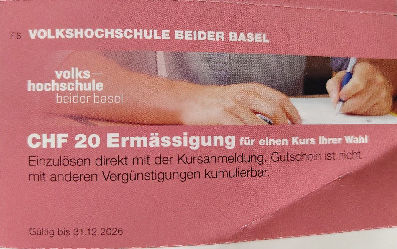 Buoni: Gutschein 20.- Volkshochschule beider Basel – Nuovo (secondo la descrizione) da Zürich venduto da Korolina