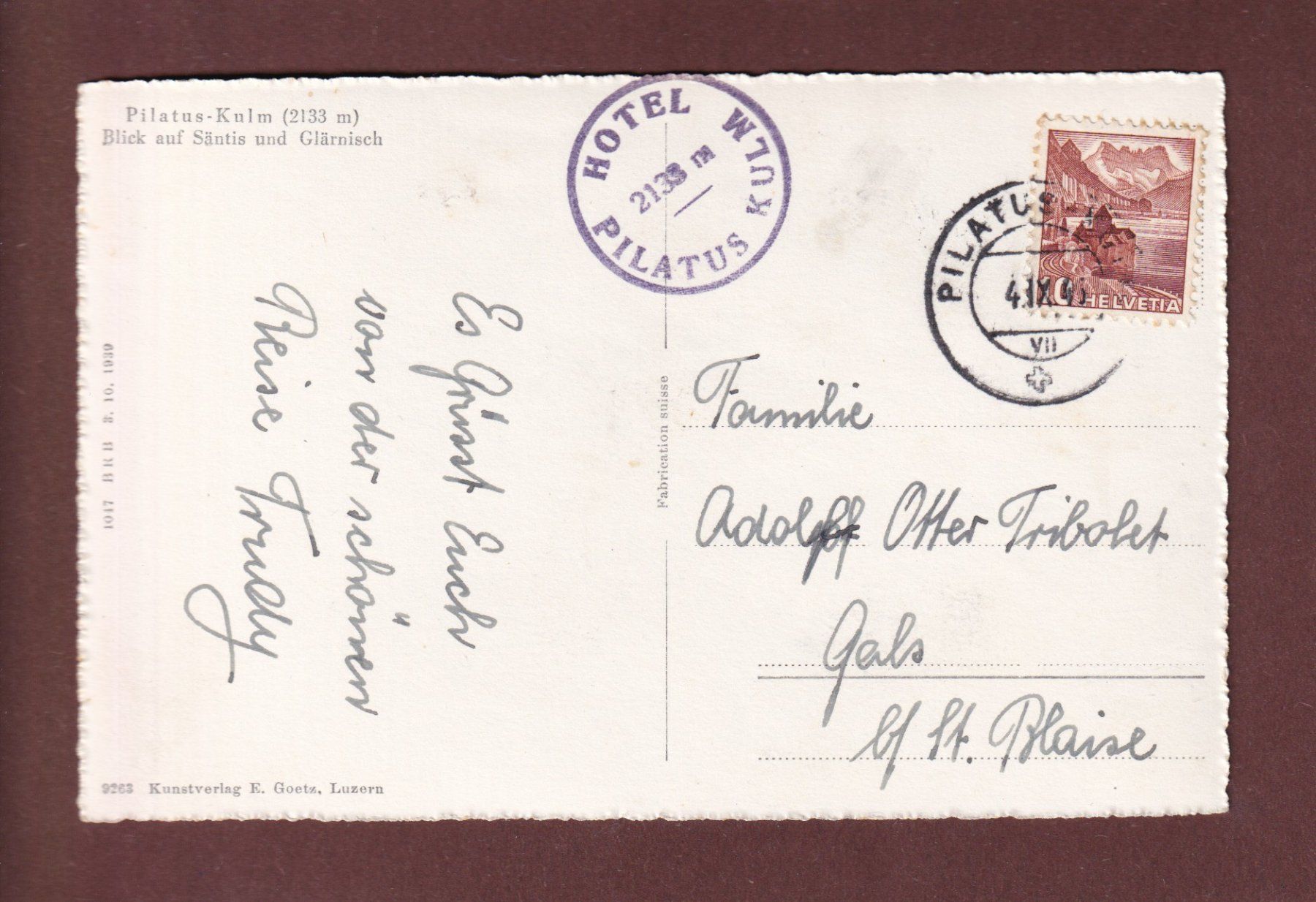 Cartoline postali: PILATUS-KULM - 1943 – Usato da Pully venduto da nicecards-shop 1