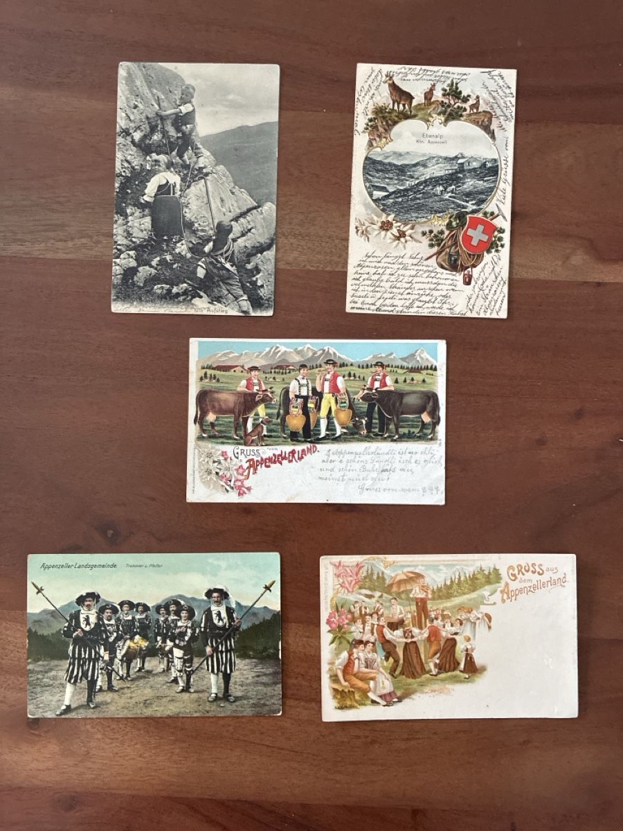 Cartoline postali: 10 Ansichtskarten Schweiz diverse von Appenzell. A – Usato da Oftringen venduto da Cla.vD.74