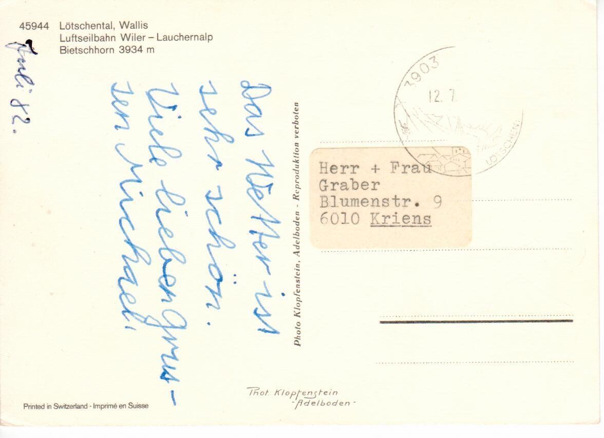 Cartoline postali: Luftseilbahn Wiler - Lauchernalp Lötschental – Usato da Wolhusen venduto da Curver9 1