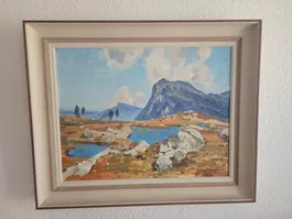 Gemälde K. Christener Berglandschaft mit See gerahmt