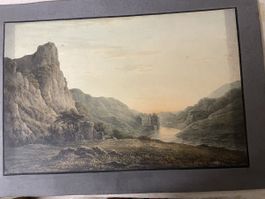 19. Jhdt. Aquarell einer Flusslandschaft mit Burg