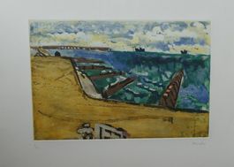 Original Grafik Blick aufs Meer Küstenlandschaft Schiffe