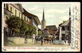 Lithographie Herzogenbuchsee, Ortspartie mit Kutsche