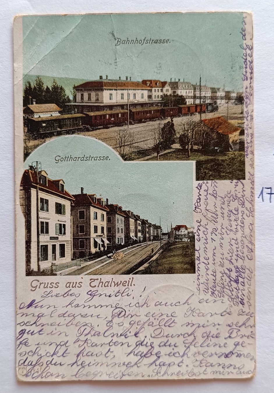 Ansichtskarten: Ansichtskarte Thalwil Bahnhof Gotthardstrasse 1913 – Gebraucht aus mühlehorn von Waldgeistli