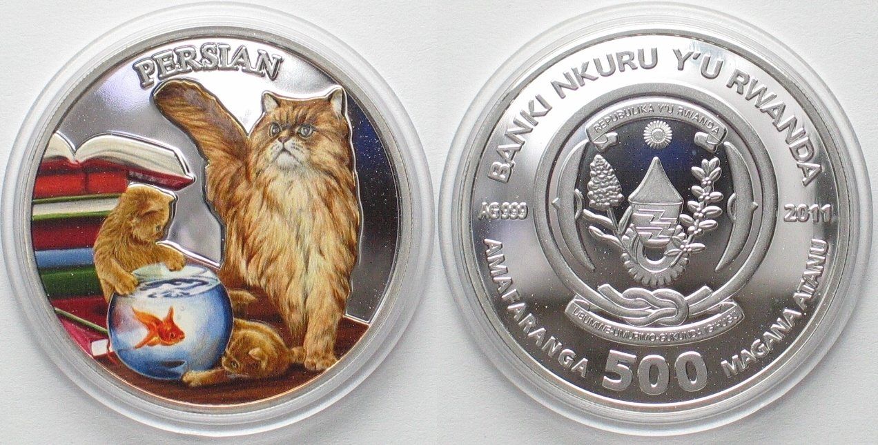 Tutti le monete: RUANDA 500 Francs 2011 Katzen PERSIAN Silber, Farbe PP – Usato da Riehen venduto da sesambestcoins2004