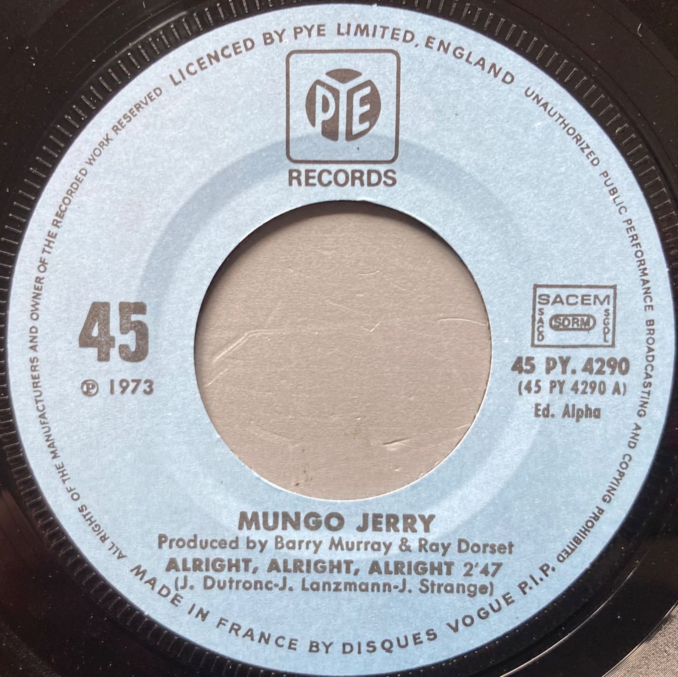 Dischi in vinile: MUNGO JERRY - ALRIGHT, ALRIGHT, ALRIGHT – Usato da Poliez-Pittet venduto da Newtown-Records 2