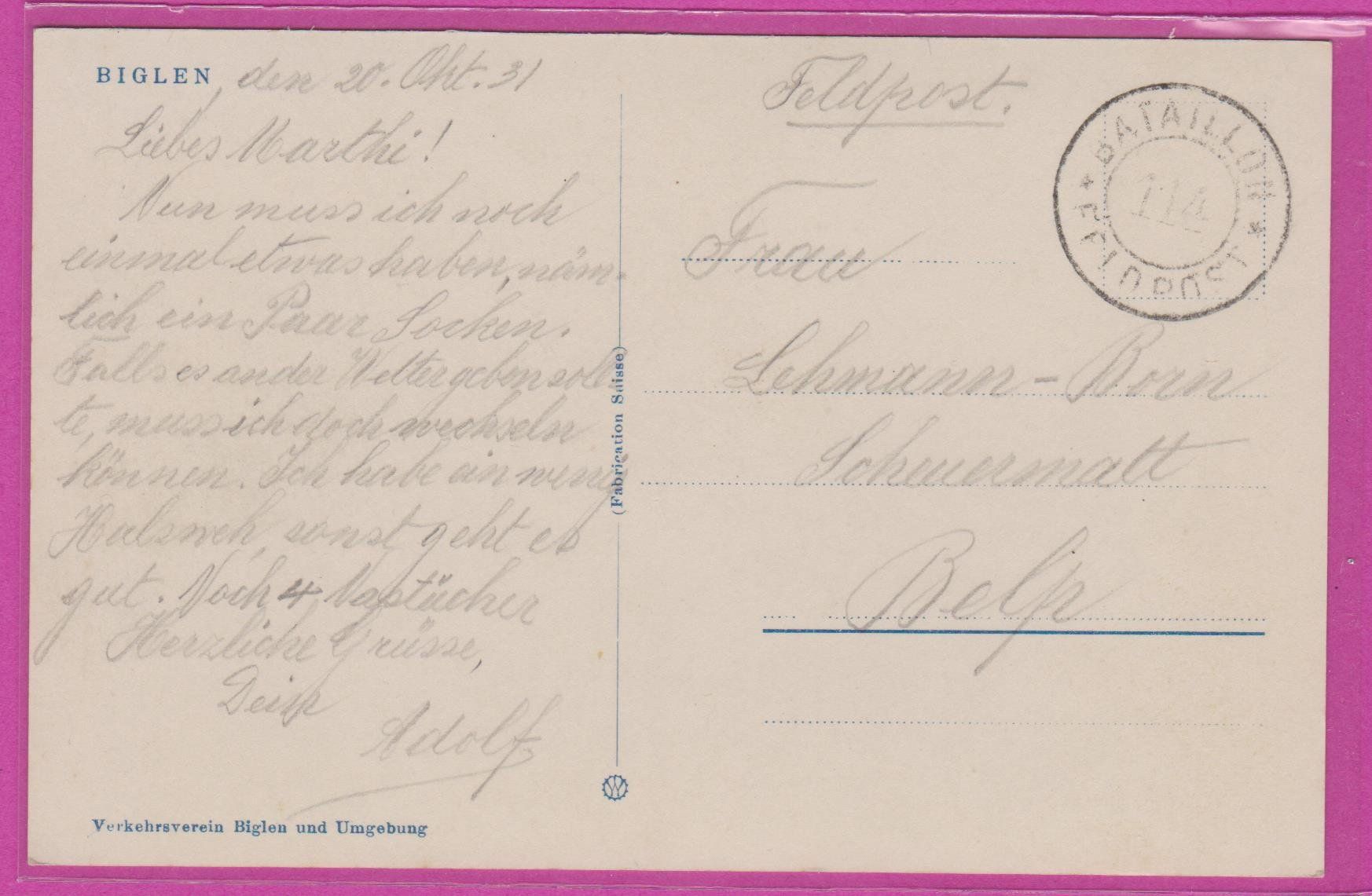 Cartoline postali: Biglen   :   alte Ansichtskarte  von 1931 – Usato da Vitznau venduto da Ropaku 1