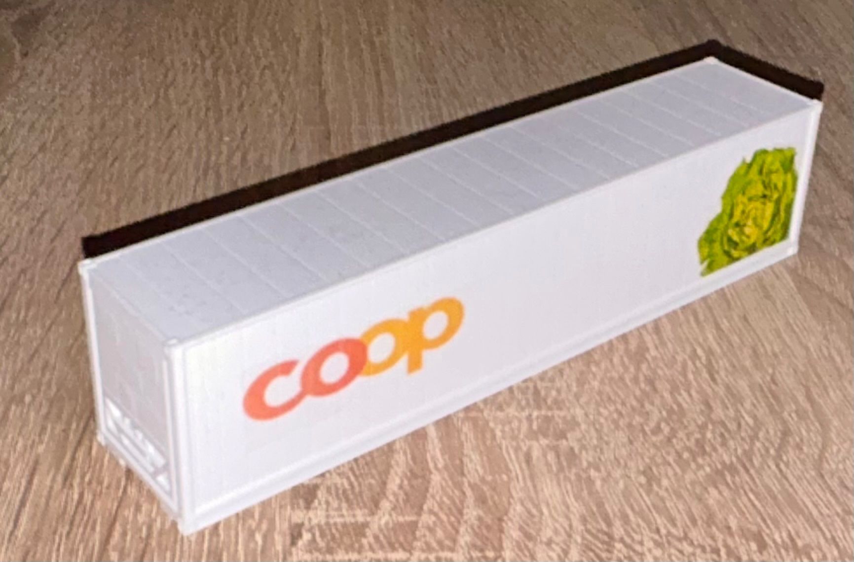 Roco Modellini di ferrovie: 1:87 Coop Kühlcontainer 45ft Kopfsalat – Nuovo e nell'imballaggio originale da Belp venduto da AEMA-Modellbau 1