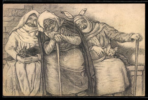 Cartes postales: Handgemalt: Drei ältere Damen mit Katze – D'occasion à Berlin par bartko-reher