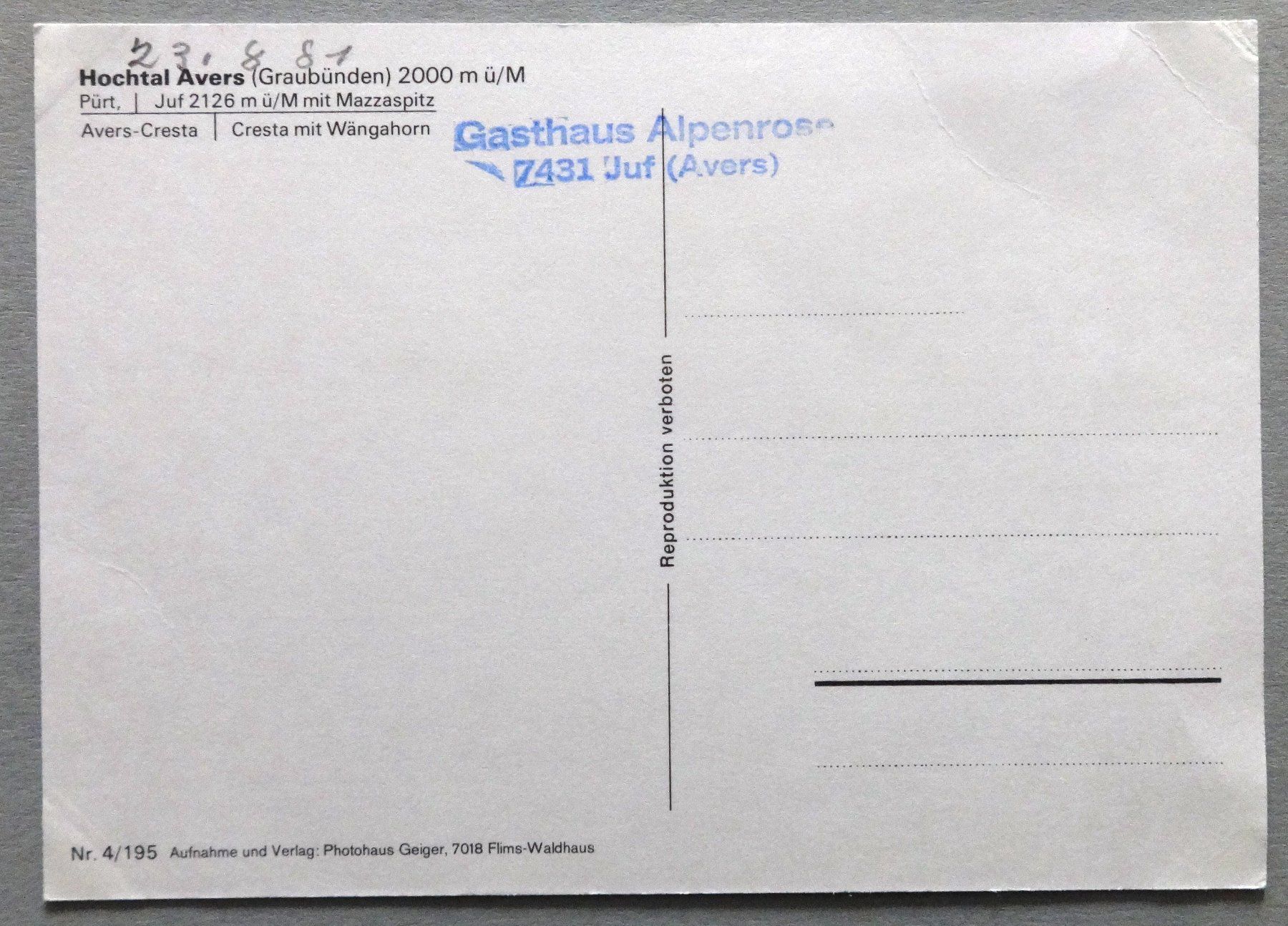 Cartoline postali: Hochtal Avers 2000 m ü.M. – Difettoso da Fétigny venduto da Billy2miny 1