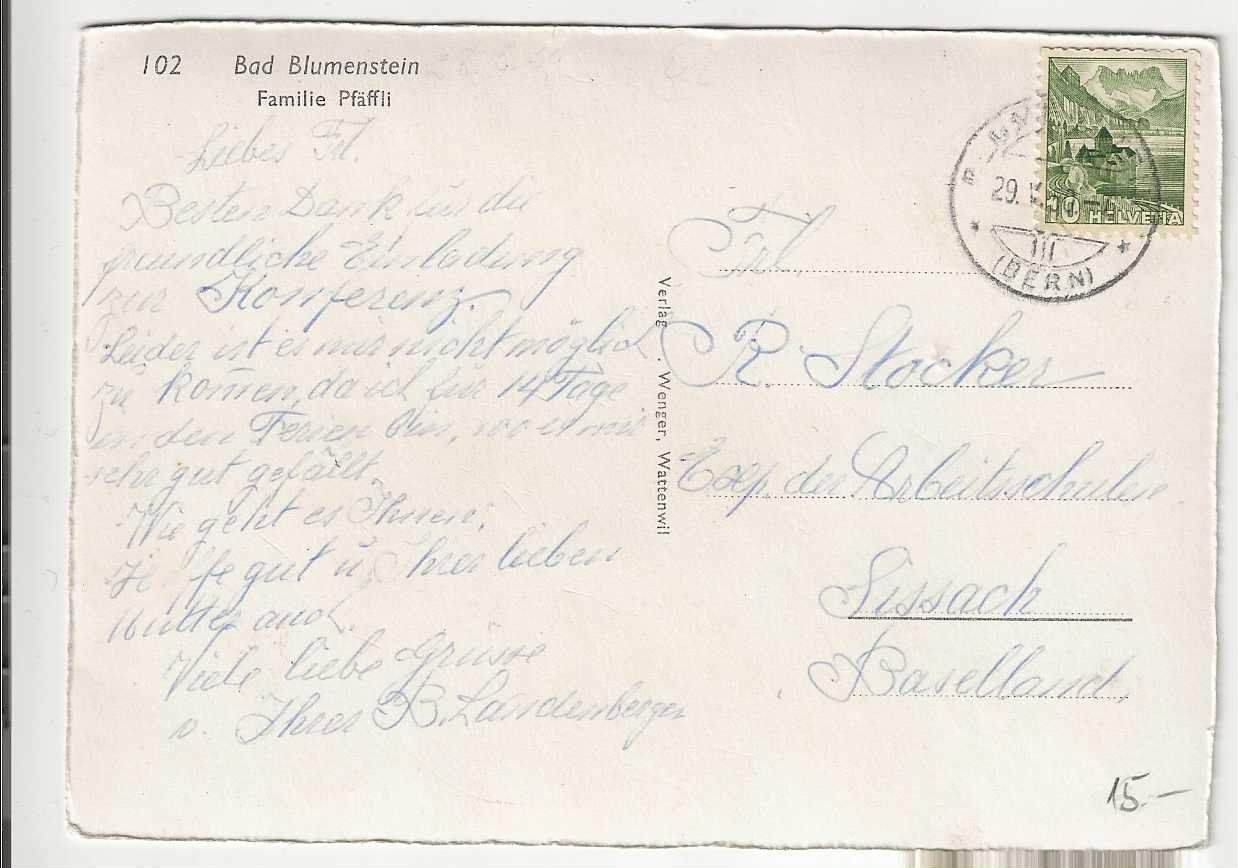 Cartes postales: Blumenstein,  1950 – D'occasion à Spiez par Niesen20 1