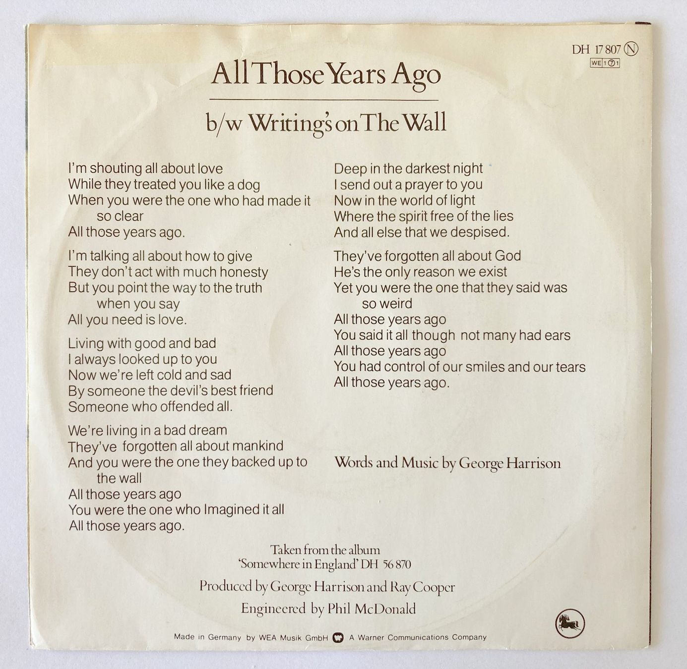 Schallplatten: BEATLES / GEORGE HARRISON - ALL THOSE YEARS AGO – Gebraucht aus Bottens von hotter-than-hell 1