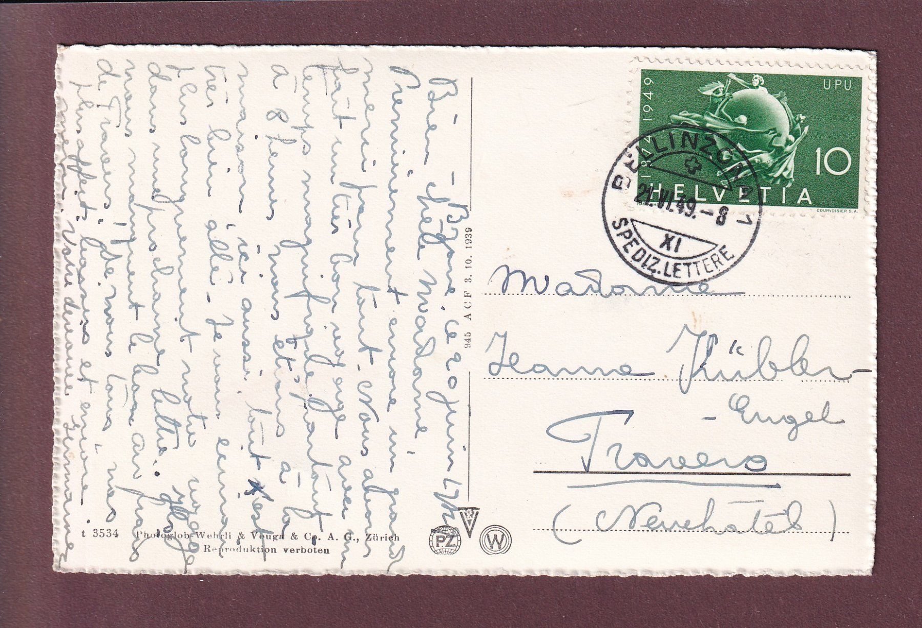 Cartoline postali: BELLINZONA - 1949 – Usato da Pully venduto da nicecards 1