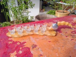 10 Shot-Gläser mit lustigem Servierbrett mit Klingel