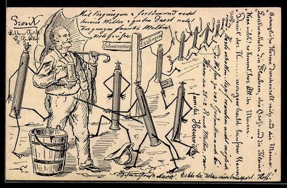 Cartoline postali: Handgemalt: Esslingen, Mann mit Regensch – Usato da Berlin venduto da bartko-reher