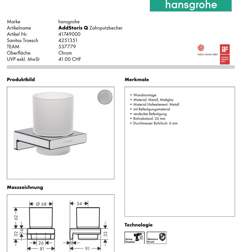 Hansgrohe Altro per la casa: 556 Hansgrohe AddStoris Q Zahnputzbecher – Nuovo e nell'imballaggio originale da Derendingen venduto da Meisterstuecke 1