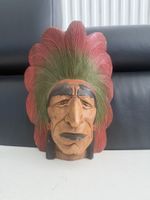 Amérindien sculpté à la main en bois peint tête indienne 