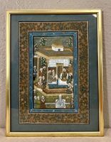 Peinture moghole, groupe d’hommes devant une fontaine,