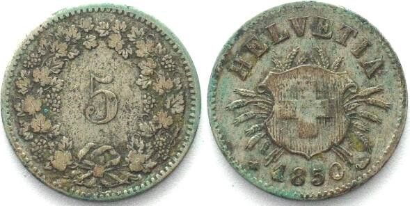 Tutti le monete: Schweiz EIDGENOSSENSCHAFT 5 Rappen 1850 BB, Billon ss+ – Usato da Riehen venduto da sesambestcoins2004