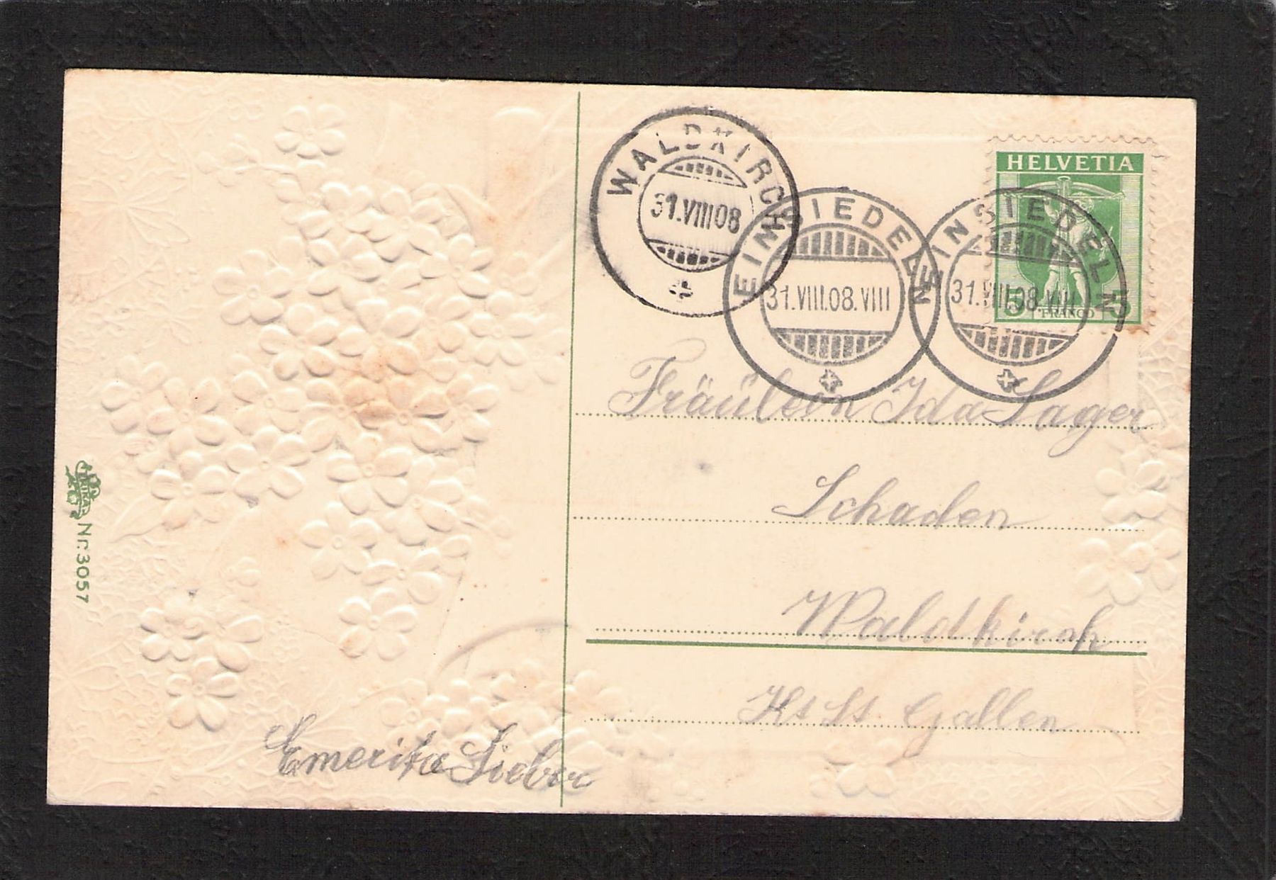Cartoline postali: Prägekarte Einsiedeln , gel. 1908 – Usato da Reichenburg venduto da ibiza18 1
