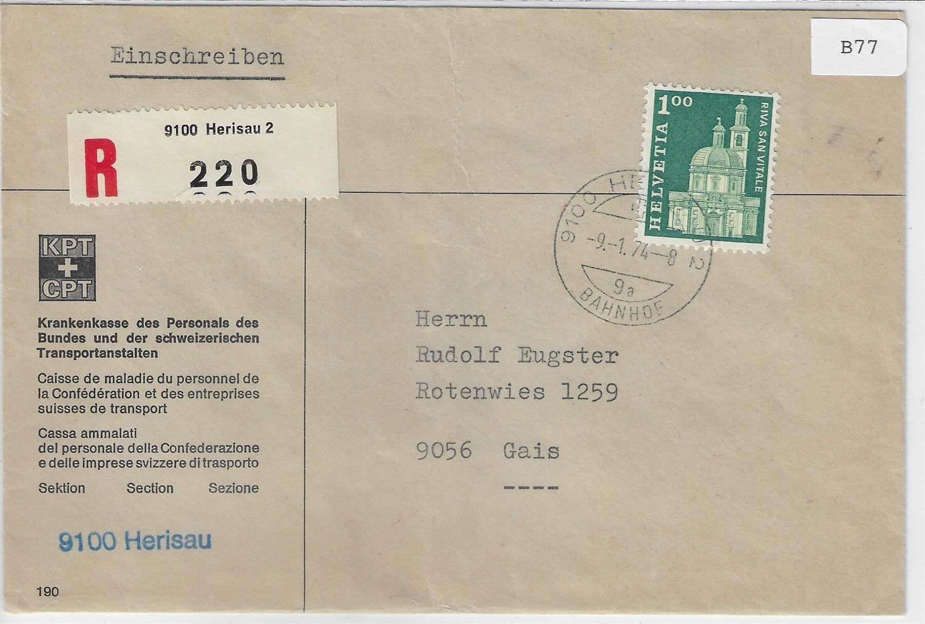 Tutti i francobolli: 9100 Herisau Einschreiben 9.1.74 nach – Antico da Ettingen venduto da Kartenplanet