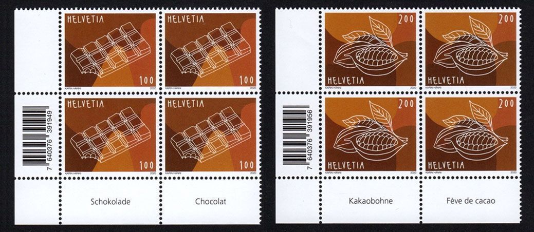 Tutti i francobolli: 2 Viererblöcke Schokolade, Kakaobohnen** – Nuovo (secondo la descrizione) da Dottikon venduto da haeusibuh5