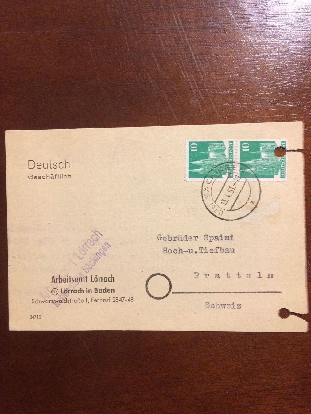 Alle Briefmarken: Alte Deutsche Postkarte 1951AmericanZone – Gebraucht aus Allschwil von Virgo