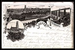 Lithographie Fribourg, Pont suspendu, viaduc de Grandfey, ca