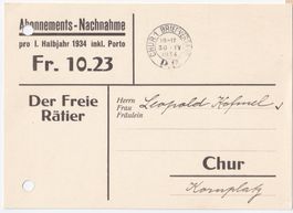 P.P. Chur 1 Briefversand nur Krone 1934 Abo-NN Freier Rätier
