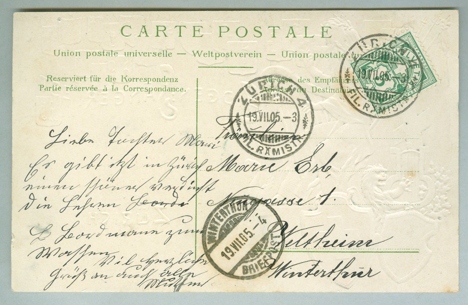 Cartoline postali: 1905 Schweiz AK Kt ZH – Usato da Zürich venduto da yago-rot 1