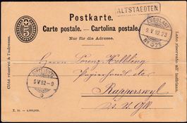 1892: 5 Rp. Ganzsache-Postkarte mit Stabstpl. ALTSTAEDTEN