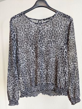 Bluse langarm, Gr. M, Leopardenmuster, grau-schwarz