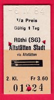 KARTON BILLETT, RÜTHI(SG) - ALTSTÄTTEN STADT,2.KLASSE,RETOUR