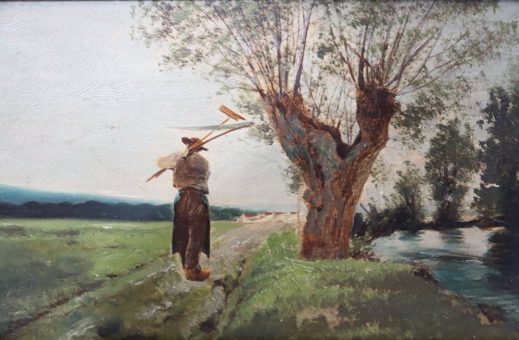 Dipinti: Kleines Ölgemälde, Landschaft, Bauer mit Rechen und Sense – Usato da Zug venduto da Kunst-Fundgrube 1