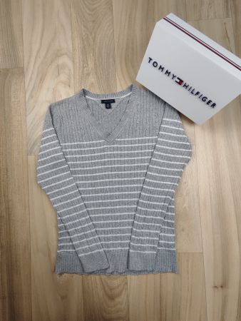 TOMMY HILFIGER | pull gris rayé blanc col V | taille L homme